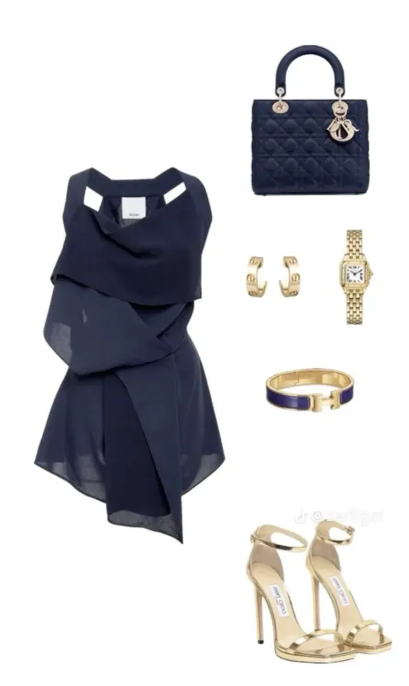 Outfit for the virtual model: navy dress, bag, watch, earrings, bracelet and heels
