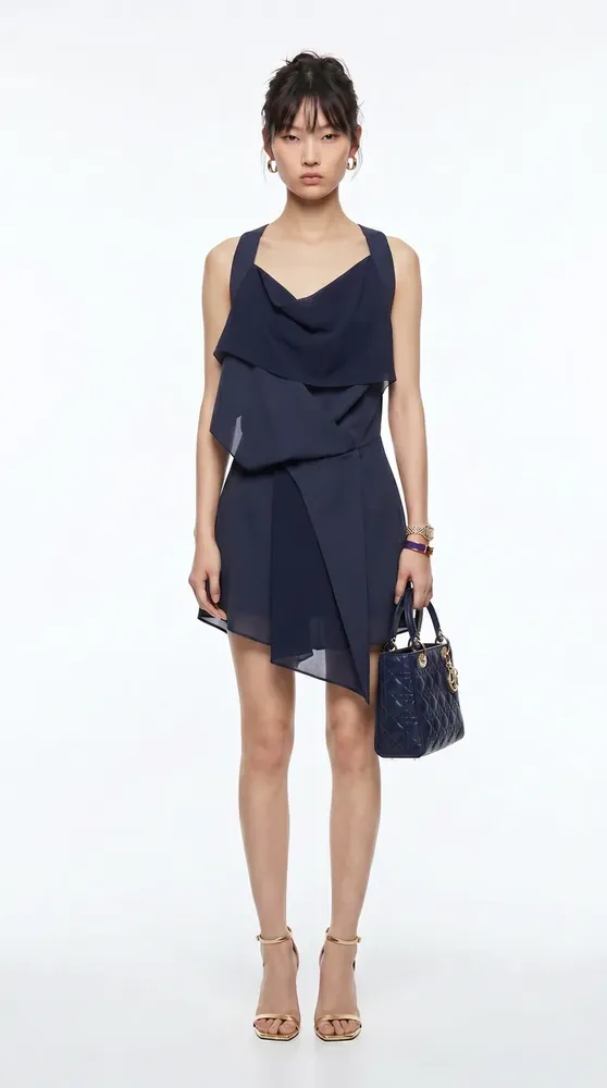 AI-generated virtual model wearing the full outfit, full-length studio frame